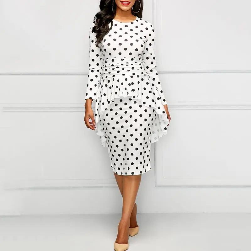 

Summer Vintage Elegant Simple White Women Midi Dresses Bodycon 2 Pieces Polka Dots Falbala Print 2XL Female African 2019 Dress