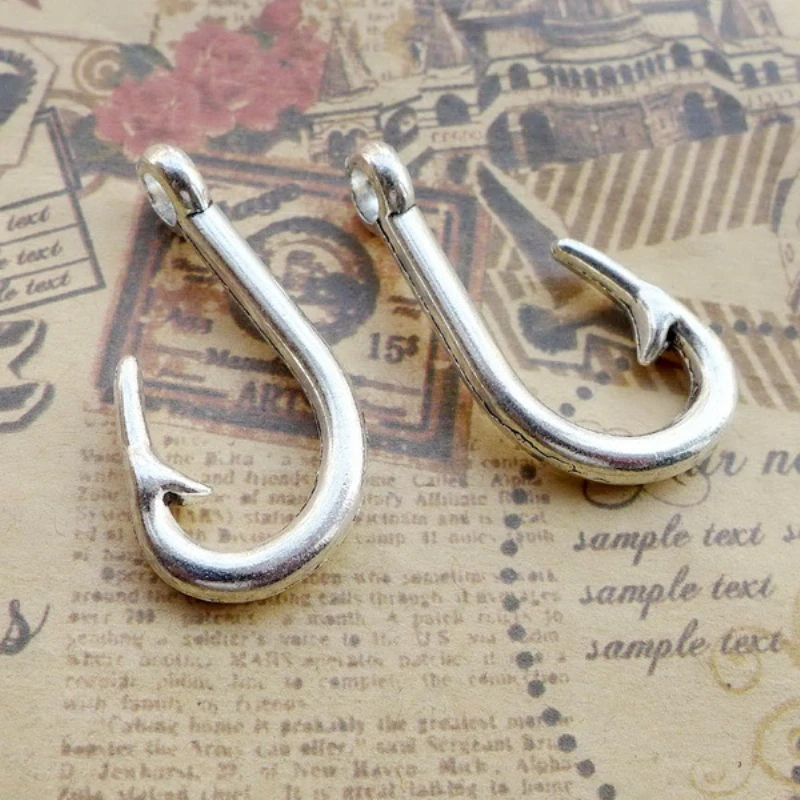 

10pcs -- 39x19mm Fish Hook Charms 2 Sided Large Size Antique silver Tone