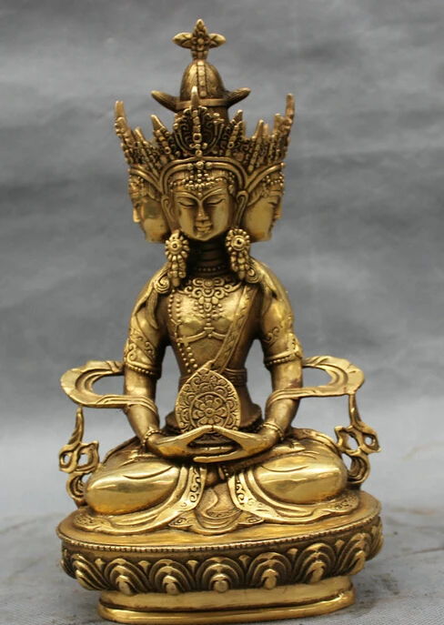 

S5053 10" Tibet Brass Buddhism 4 Face Head Longevity Tara Amitayus Buddha Seat Statue D0317