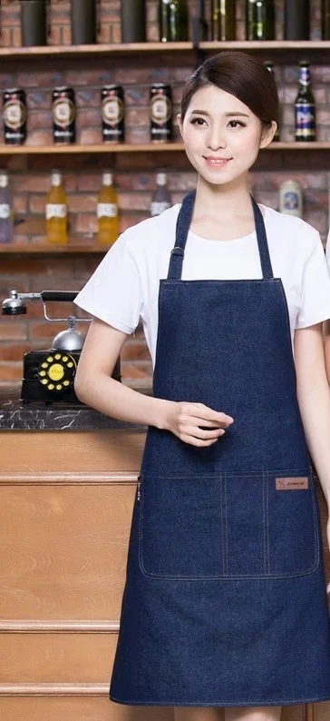 Pinafore women men apron denim cooking apron barbecue cooking kitchen apron KK2369 - Color: 1