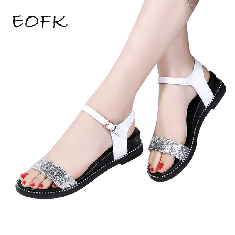 

EOFK Women Sandals Shoes Summer Women's Flat Sandals Bling Glitter Silver Fashion Breathable Casual Elegant Ladies Sandals