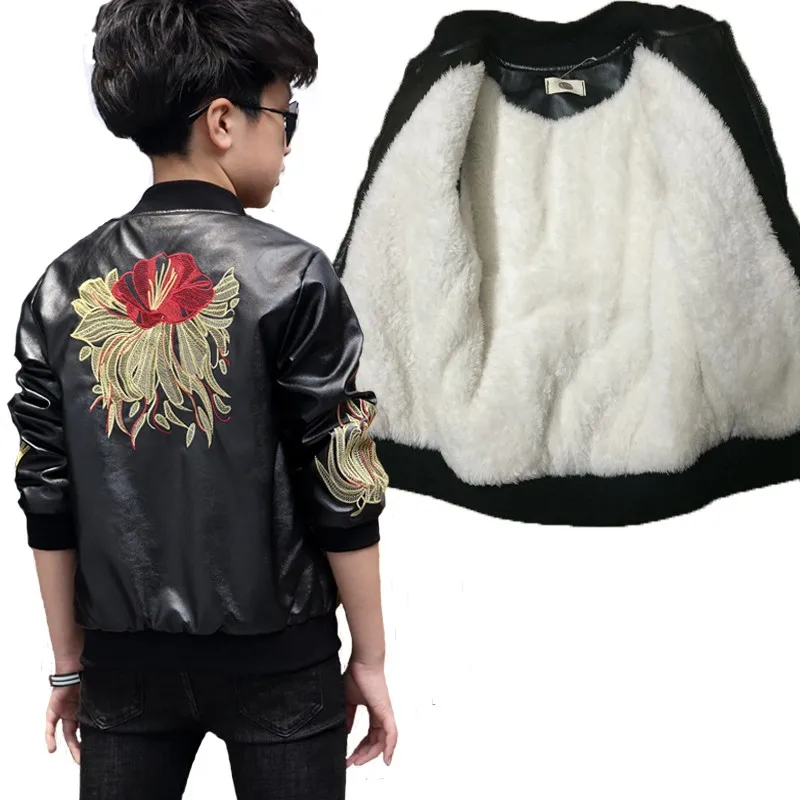 Новинка; куртка для мальчиков и девочек; кожаные плотные флисовые пальто с цветочным принтом; Jongens Jas; пальто для мальчиков; 7BT003