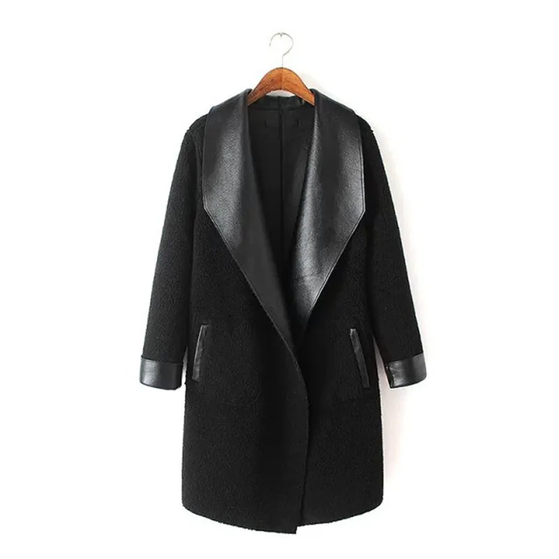 

2019 Women's Lamb Cashmere PU Leather Jackets Long Autumn Winter Large Size Thick Lambskin Cardigan Outerwear Coats Plus Size