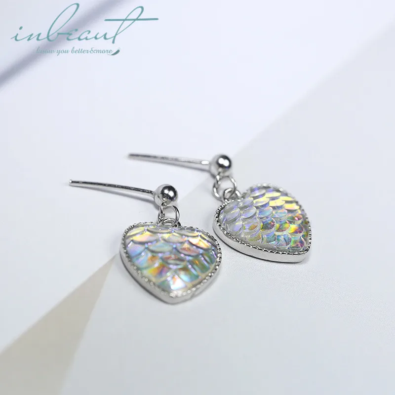

inbeaut Silver Coloful Fish Scare Heart Drop Earrings Female Korean Sparkling Sparkling Zircon Mermaid Fishtail Texture Earrings