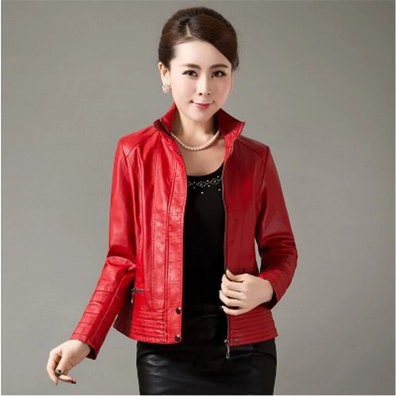 AILOOGE, Женская куртка, плюс размер, зима, кожаная куртка для девушек, короткая, осенняя, куртка для женщин, длинный рукав, овчина - Цвет: Red