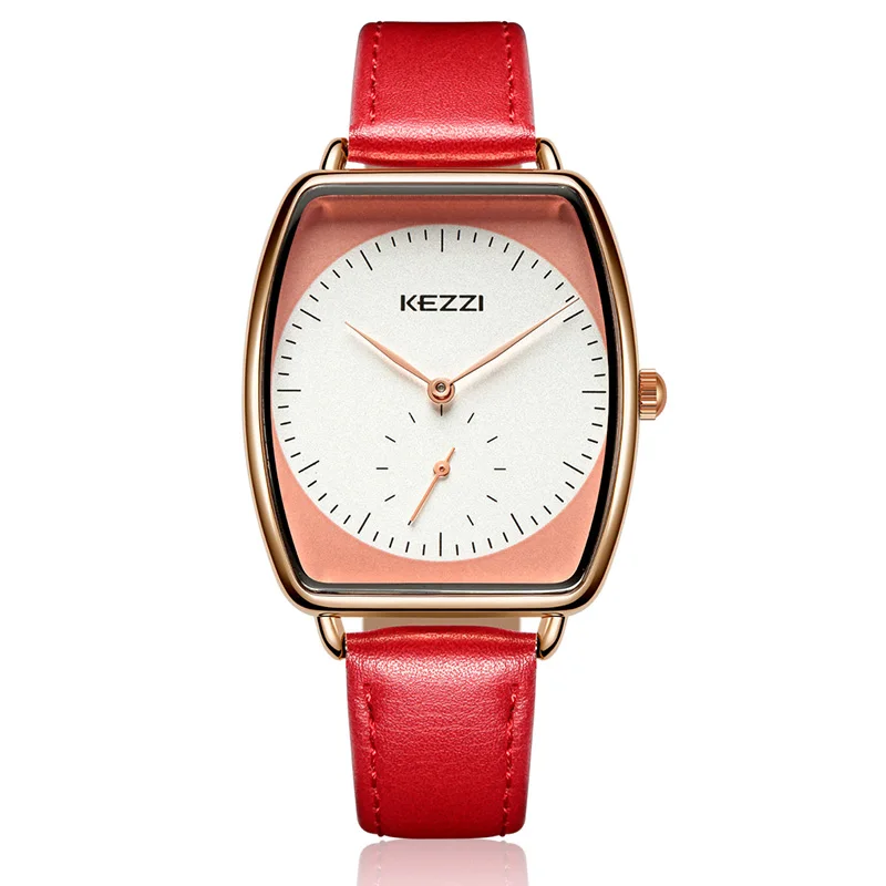 Kezzi Мода кварцевые часы Для женщин розовое золото Дамы Бизнес Часы повседневные платья кожа ремень женский часы Relogio Feminino - Цвет: Red Watch