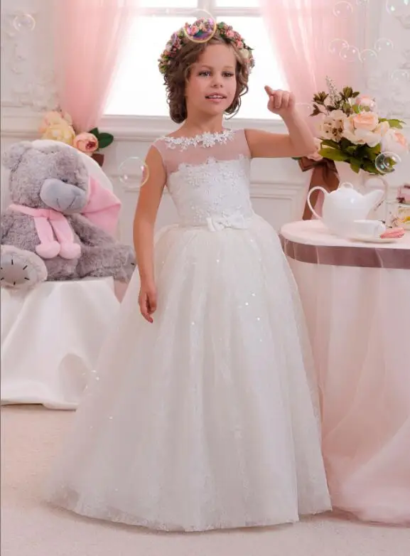 

Ivory Lace Tulle Floor Length Wedding Flower Girl Dress Lace Sequins 2018 New Ball Gown First Communion Dress for Girls
