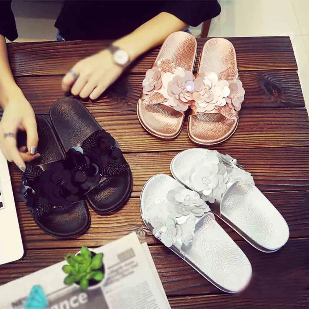 

Summer Women Beach Slippers Flowers Bling Pearl Sandals Flat Non Slip Ladies Sequins Slides Home Flip flops Casual Shoes #40