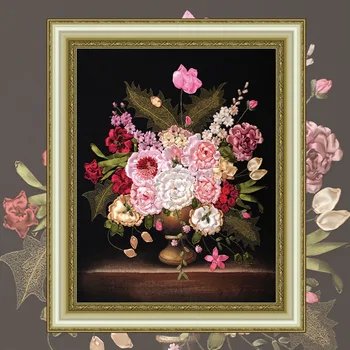 

3d Ribbon Embroidery & diy Decorative Painting Colored Print Flowers Pictures Needlework Crafts Cross Stitch Kit Wall Art C-0132