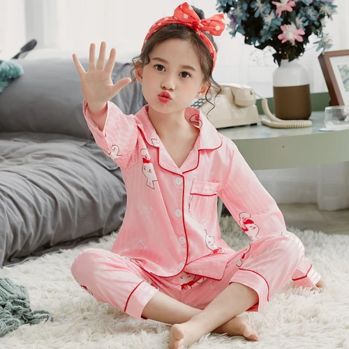 Girls Pajamas Autumn Winter Long Sleeve Children's Sleepwear Set Silk Pajamas Suit Pyjamas Sets for Kids Tracksuit Set - Color: M-9804