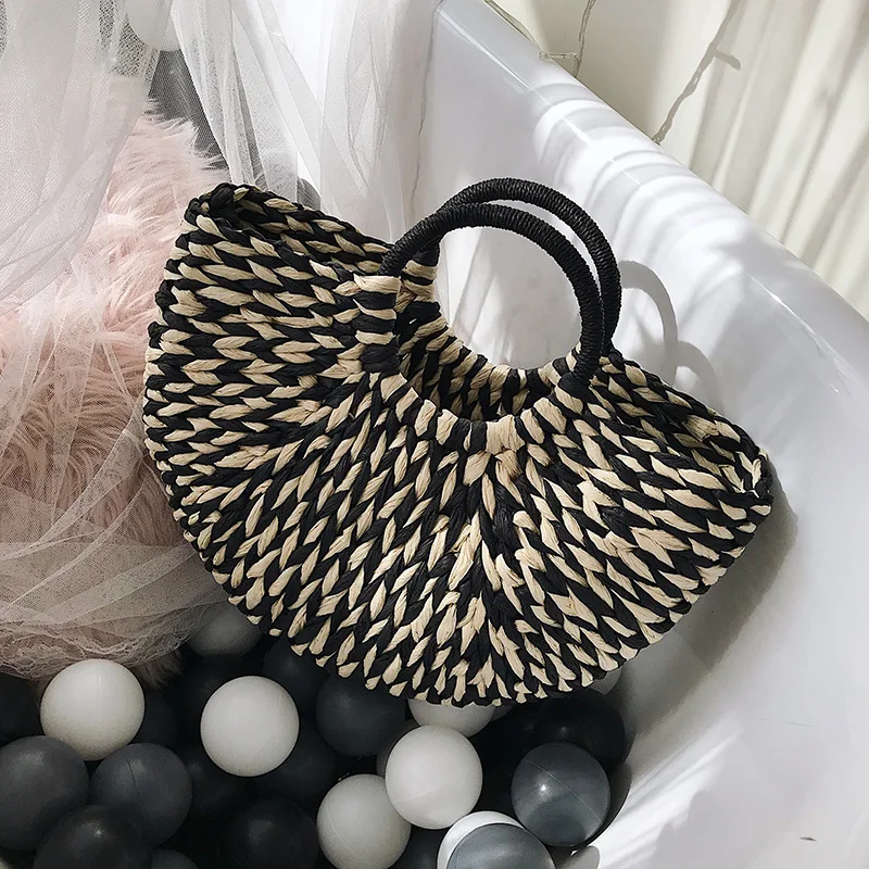 

Handmade Women Beach Bag Large Straw Handbags Female Casual Knit Tote Bags For Women Black Stripe 2019 Summer Beach Shopping Sac