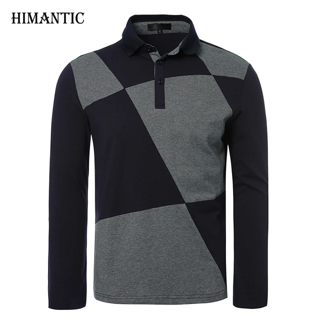 Brand Men Long Sleeve Polo Shirt Men Casual Design lattice Stitching Polo Mens Cotton Breathable