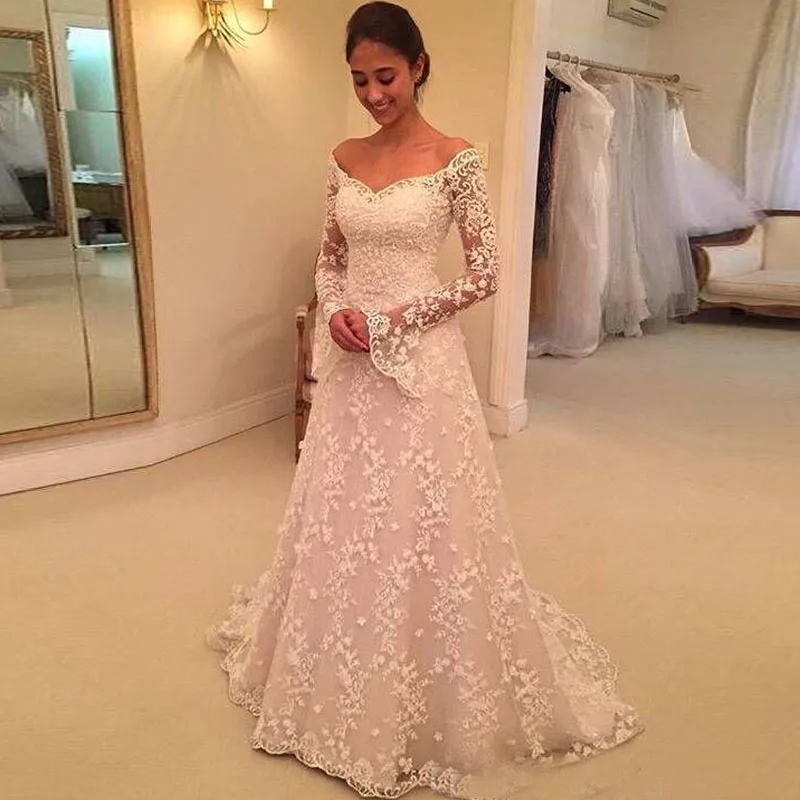 2019 Lace Wedding Dress Long Sleeves White Ivory Bridal Gowns Off Shoulder Covered Button Back Sweep Train Formal | Свадьбы и
