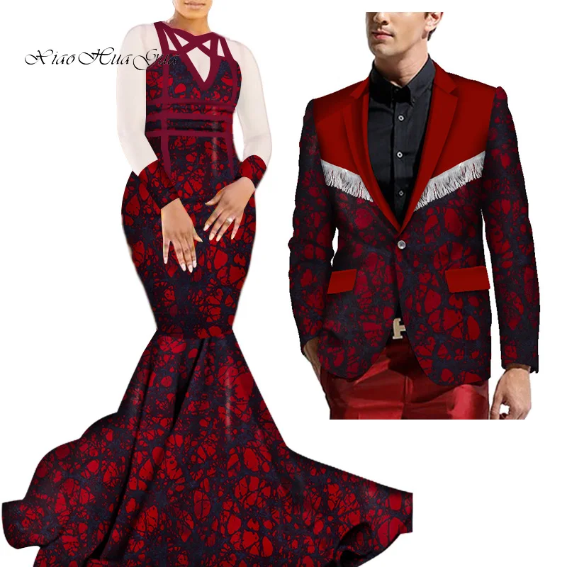 African Mermaid Bazin Riche Dresses for Couples Dashiki African Couple Clothing Women's Dress+Men's Blazer 2 Pieces Set WYQ275 - Color: 8