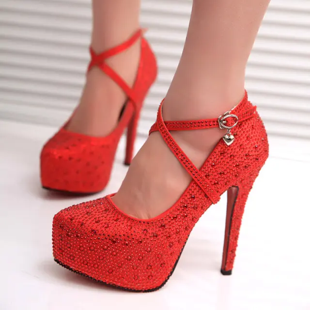 Red High heeled 11CM Diamond Wedding Shoes Round Toe font b Women b font Pumps Party