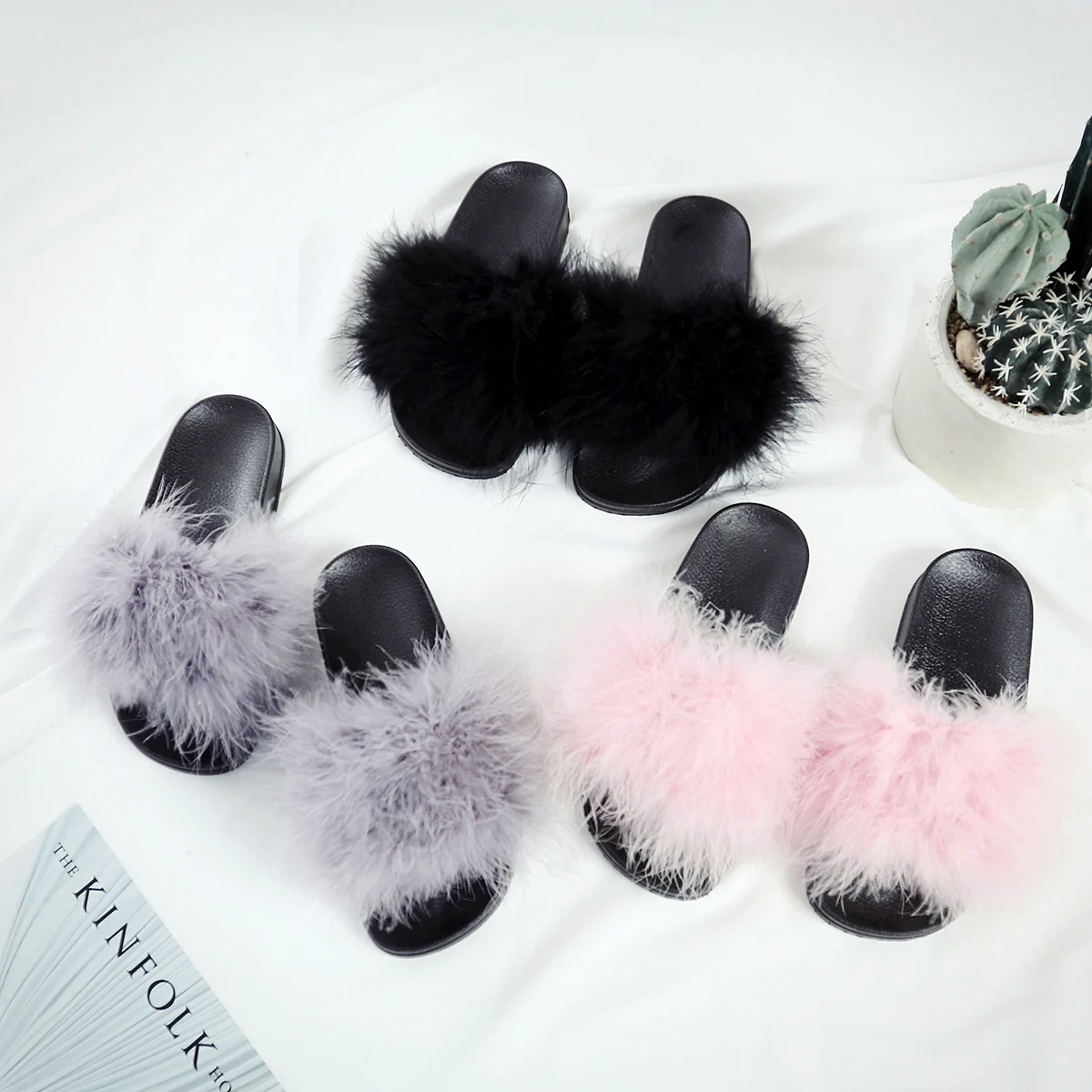 Women Ostrich Feather Slippers Fluffy Summer Slides Flat Home Flip ...