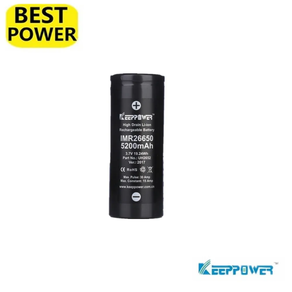 

1 Pcs Keeppower 26650 maximum 30A discharge 3.7V 5200mAh / 5500mah 19.24Wh IMR rechargeable lithium battery