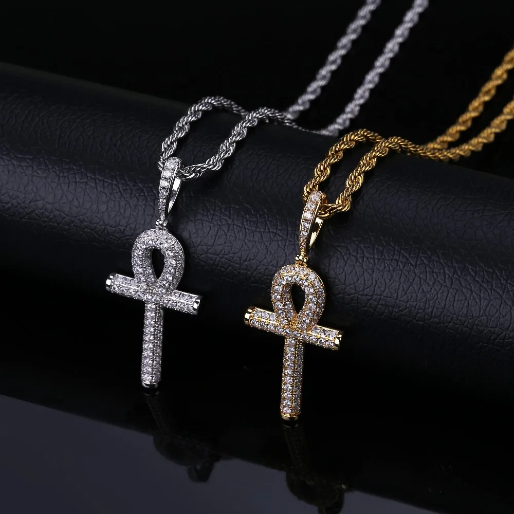 TOPGRILLZ Solid Back Ankh Cross Necklaces Mens Women Hip Hop Pendant Necklaces Iced Out AAA+ Bling CZ Stone Gifts Dropshipping