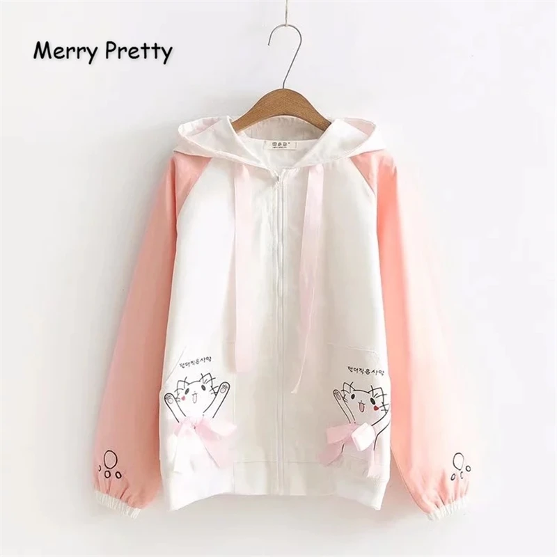 

Merry Pretty Women's Autumn Winter Basic Jackets Cartoon Cat Print Ladis Cute Outerwear Coat Casual Zippers Patchwork Jacket