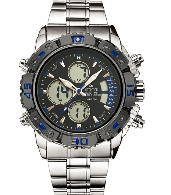 Брендовые Hombre Relojes STRYVE для мужчин часы Военная Униформа непромокаемые светодиодные цифровые спортивные мужские часы мужские наручные relogio masculino - Цвет: silver black