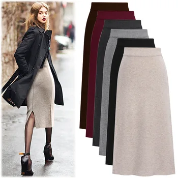 

Knitting Large Size Skirt Female Long Section Autumn and Winter New High Waist Wool Split Skirt Skirt Hip Step Skirt