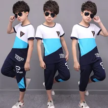 Комплекты одежды для мальчиков-подростков; летний хлопковый детский спортивный костюм; комплект из 2 предметов; Повседневная футболка с надписью и штаны; детская одежда; спортивный костюм