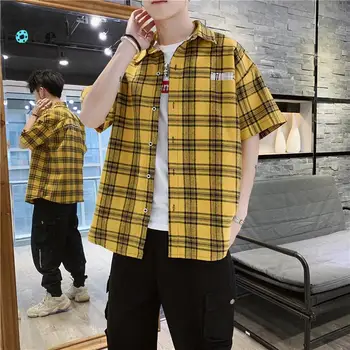 

LOLDEAL Men's Summer Short Sleeve Plaid Shirt Men's Small Fresh Back Print Letter Loose Shirt