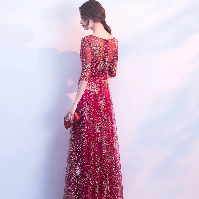 Платье винного цвета для свадьбы, новинка года, Vestido Soiree Femme, длинные платья подружек невесты, платье для выпускного с коротким рукавом и блестками TS1233