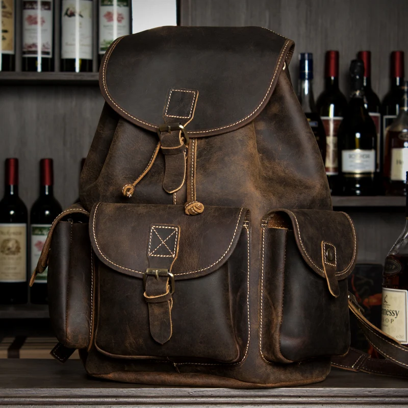 

2019 genuine leather backpack men designer school bag cowhide backpack handmade vintage casual bookbag black backpacks