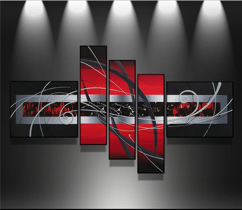 

100%Hand-painted 5 Pieces Modern Red and Black Abstract Painting Picture on Canvas Line Wall Art For Home Decoration