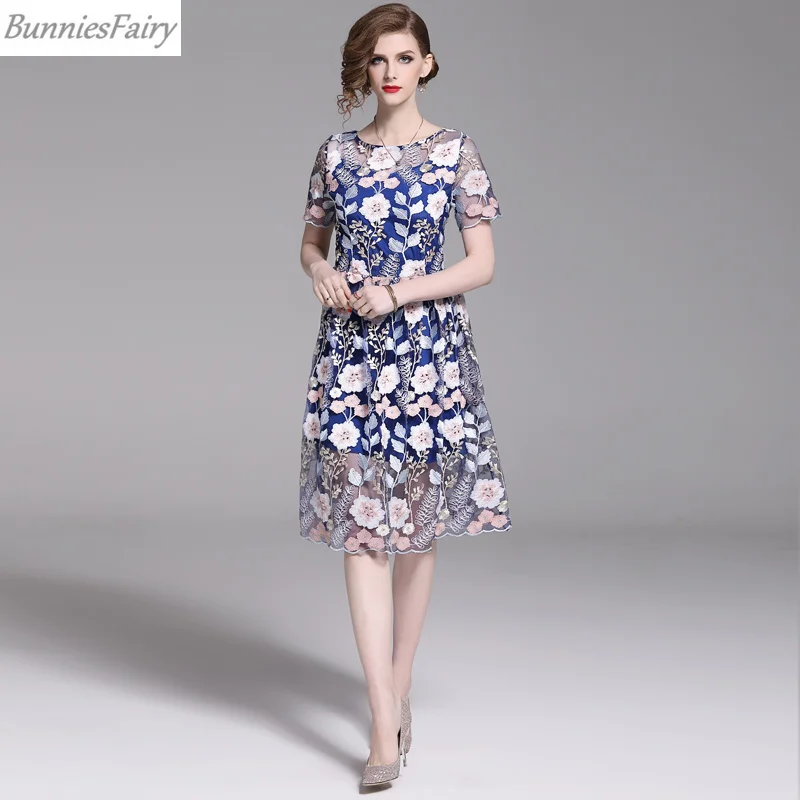 BunniesFairy летнее женское элегантное платье высокого класса с цветочной вышивкой, Сетчатое лоскутное платье трапециевидной формы с коротким рукавом длиной до колена
