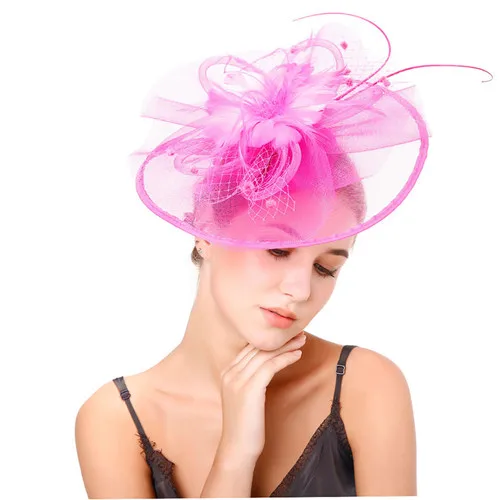 FGHGF Fascinators Шапки для Для женщин цветок сетка ленты перо оголовье дамы Hairclip девушка Race Дерби Свадебные Чай вечерние Головные уборы - Цвет: Hot pink