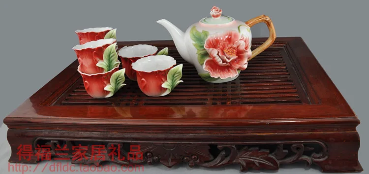 Цветной эмалированный фарфоровый чайный набор кунг-фу Высококачественный 1 чайник 380 мл+ 6 чайных чашек 50 мл для свадебного подарка