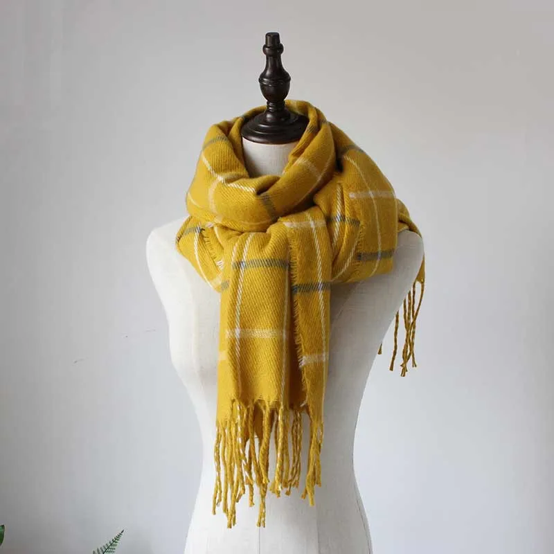[BQACCES] Зимний толстый теплый кашемировый шарф, Женский клетчатый акриловый шарф-шаль с бахромой, Новая мода