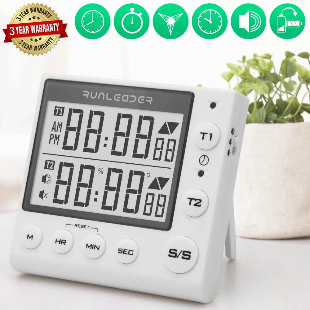 Digital kitchen cooking timer clock, 2-channel simultaneous timer countdown pocket timer, large LED display, loud alarm Digital kitchen cooking timer clock, 2-channel simultaneous timer countdown pocket timer, large LED display, loud alarm