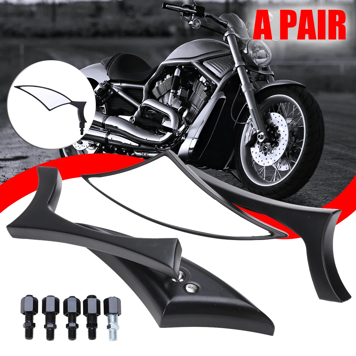 Mayitr 1Pair ABS Integrated CNC Aluminum Rearview Mirrors Black Side Mirror For Motorcycle Cruiser Chopper 8/10MM