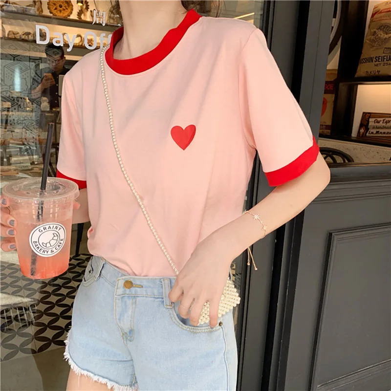 Ulzzang Корейская Милая футболка с принтом любовь для школьниц летние лоскутные