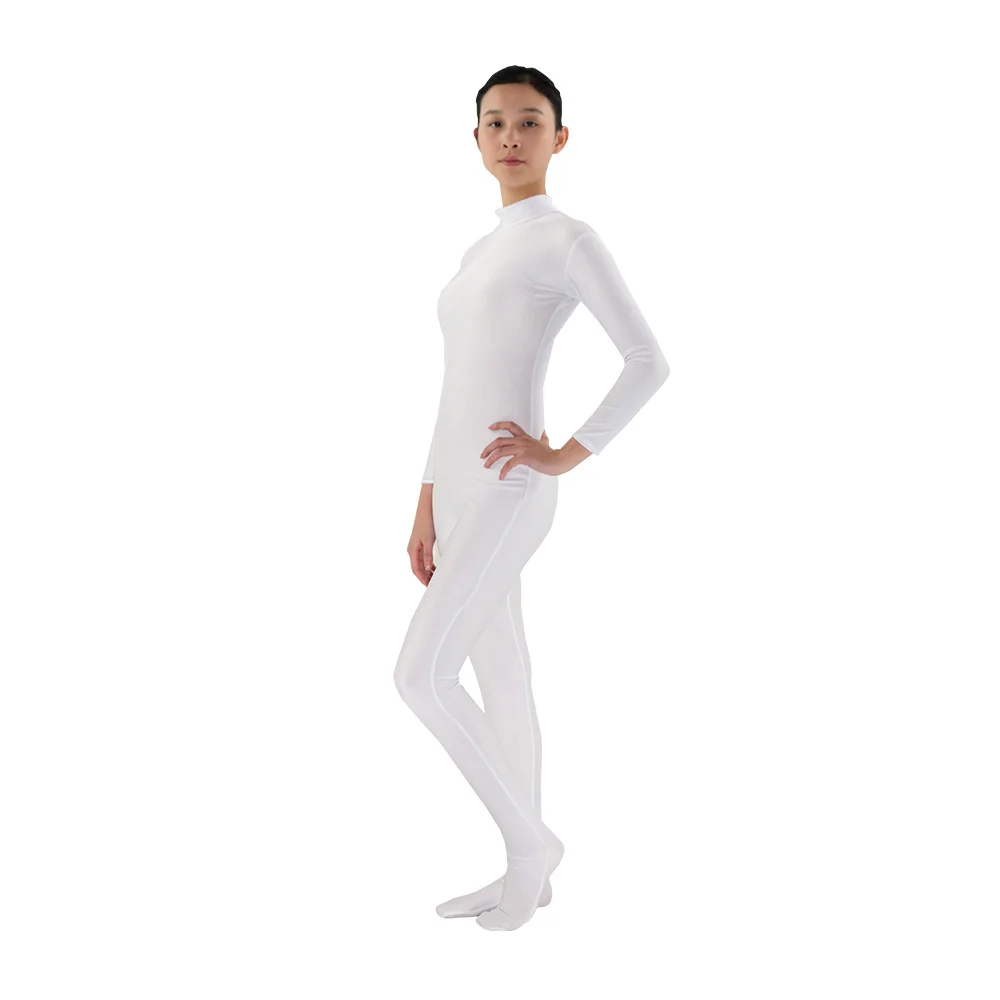 Белый взрослый спандекс комбинезон из лайкры Zentai женский Облегающий комбинезон Водолазка с длинным рукавом Zentai боди костюм