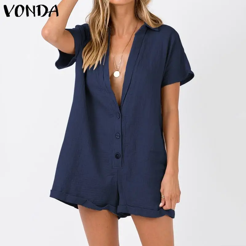 VONDA комбинезоны, женские костюмы Повседневное Короткие штаны летний винтажный комбинезон сексуальный v-образный вырез короткий рукав костюмы «плюс сайз» S-5XL