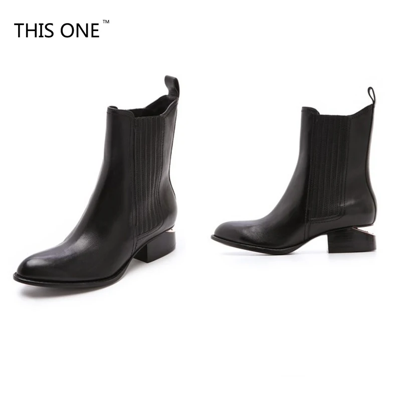 

THISONE HOT sell 2018 New Pointed-toe Ankle Boots Mujer Mid Heel Boots Strange Style Heels Shoes Woman hallow Real Leather Boots