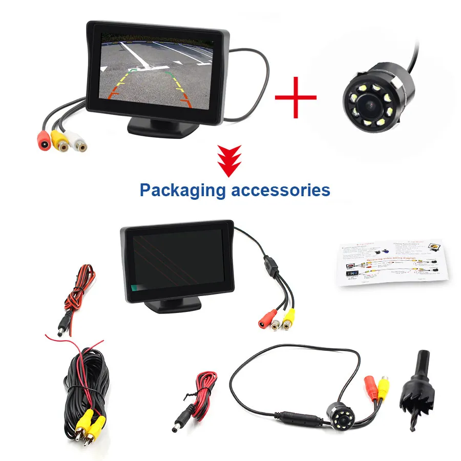 2 в 1 TFT 4,3 дюймов авто TFT lcd камера заднего вида парковочный цветной монитор+ светодиодный ПЗС камера ночного видения с автомобильными мониторами