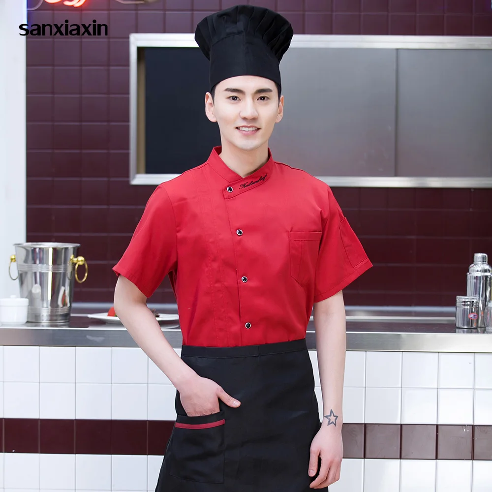 

sanxiaxin quality Short sleeved restaurant uniforms shirts 3-colors Neckline embroidery Kitchen Chef Jacket work clothes men