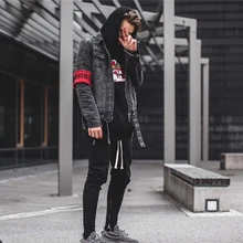 Темно-ICON Heavy Ручная стирка уничтожены джинсовая куртка Для мужчин High Street Рваные джинсы куртки Для мужчин куртка черный