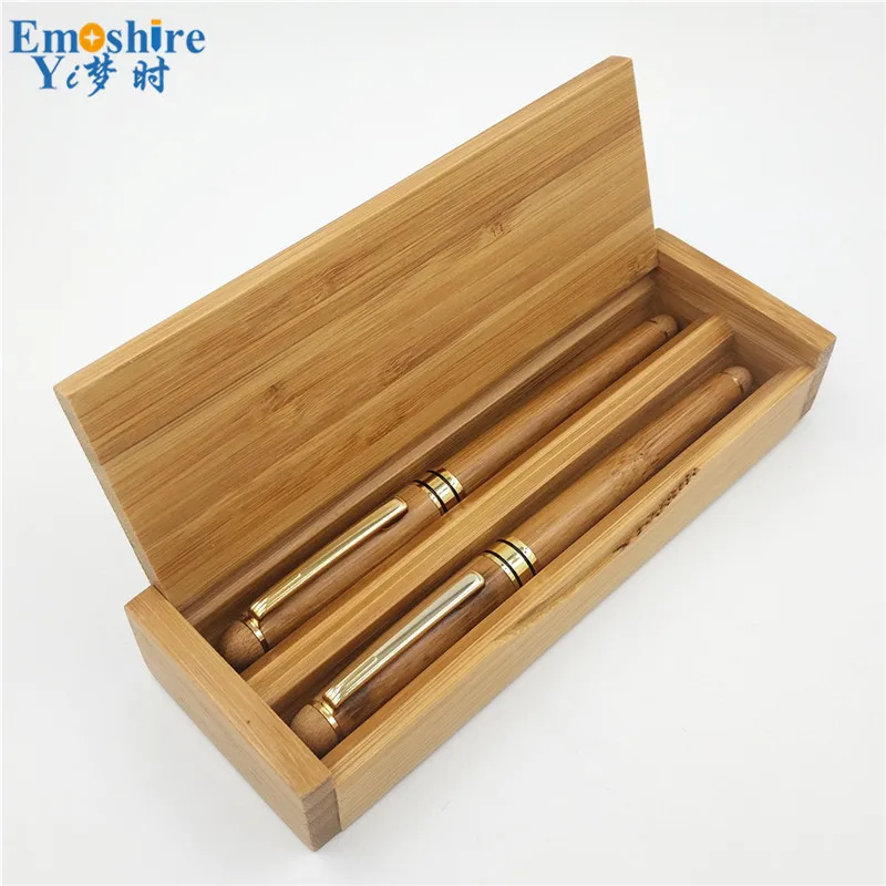 

OEM Bamboo Roller Ball Pen Fountain Pen Two BallPoint Pen Wooden Pencil Case Custom Business Gifts With Pencil Box P665