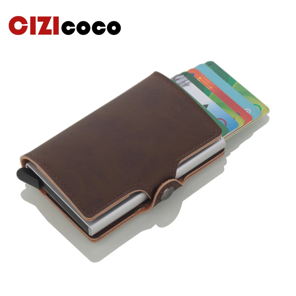 

2019 New Aluminum Alloy Business ID Card Case RFID Blocking Men Credit Card Holder Automatic Metal Leather Cardholder Wallet