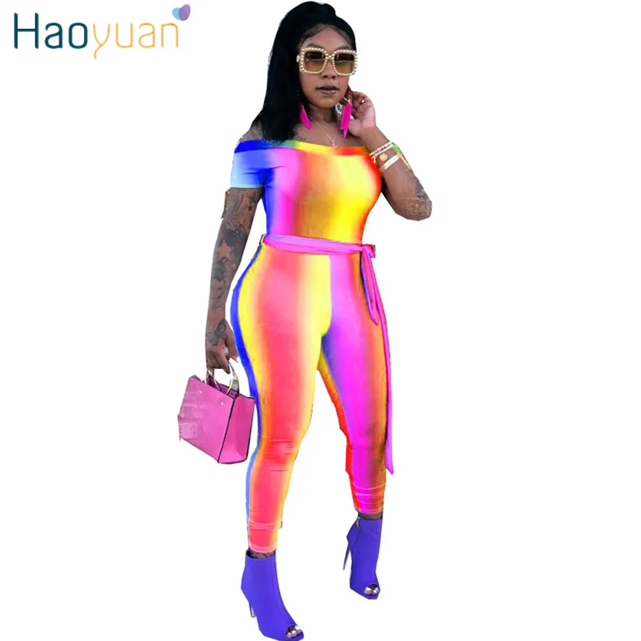 

HAOYUAN Rainbow Gradient Color Striped Sexy Rompers Womens Jumpsuit Short Sleeve Off Shoulder One Piece Long Catsuits Jumpsuit