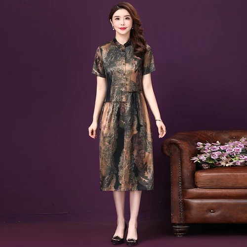 

2019 Spring Summer Short Sleeve Silk Women Dress New Retro Style Middle Aged Mother Big Code Loose Elegant Temperament Dresses