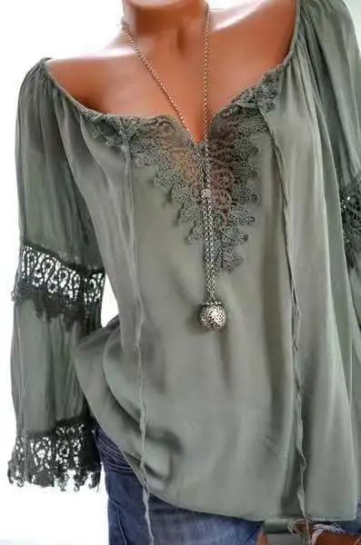  Large size ladies Blouse 2019 new openwork lace long-sleeved shirt solid color large V-neck casual 