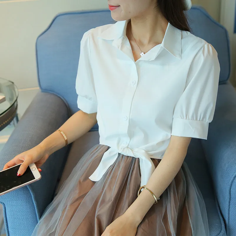 Женская блузка с отложным воротником YIMOSI Корейская в полоску коротким рукавом