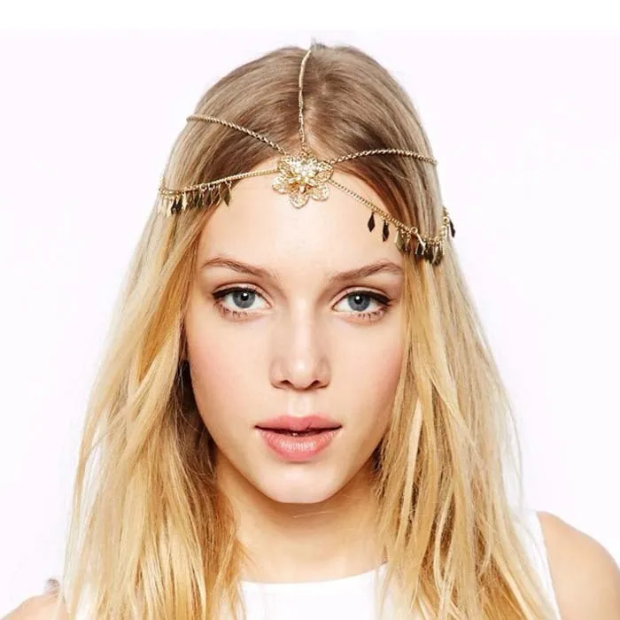 

Boho Hollow Carved Flower Rhinestone Hairbands Tiaras Gold Color Multi Layer Crystal Leaf Tassel Head Chain Bride Hair Jewelry